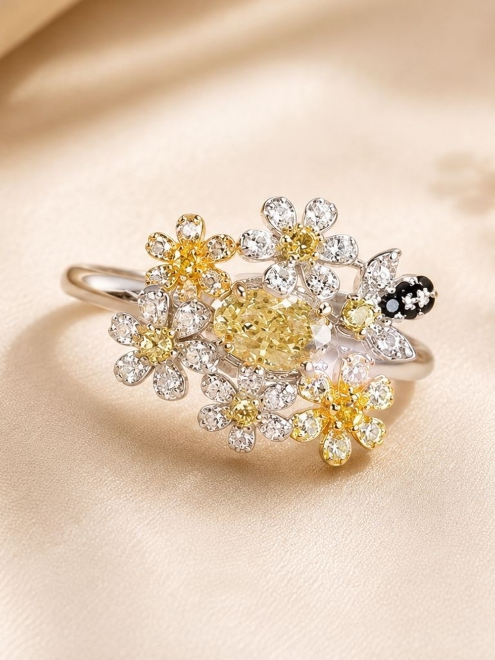 Yellow Floral Cluster Ring with Sparkling Accents - Women Jewelry - Picture 3 of 6